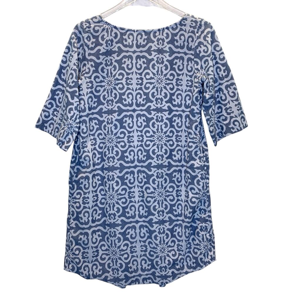 Roller Rabbit XS Blue Popover Shift Mini DressTile Print 100% Cotton Breathable